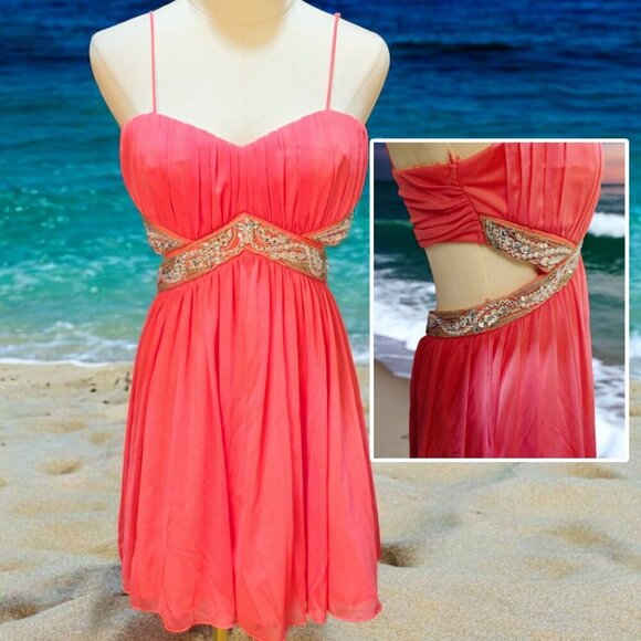 Trixxi ✦ Blush Chiffon Beaded Dress ✦ Cutout Back Tiered Layers Adjustable Strap - Picture 2 of 15